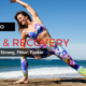 a banner of woman stretching in front of a beach