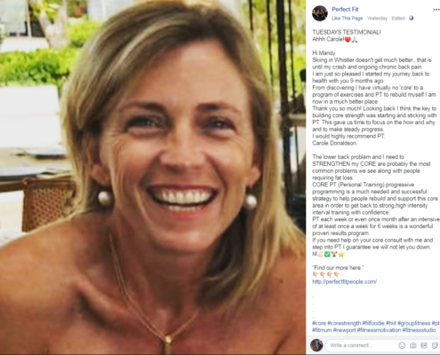 2019-07-17_160630 a screenshot of a woman smiling and her testimonial about her fitness coach Mandy