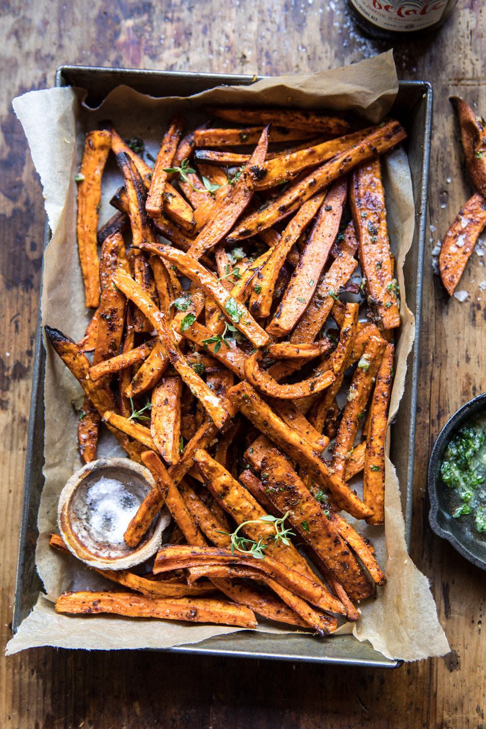 Oven-baked sweet potato fries oven-baked sweet potato fries in a pan